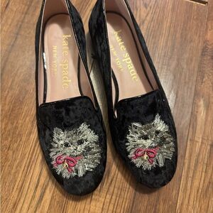 Kate Spade Black Velvet Flats with Cat Embroidery